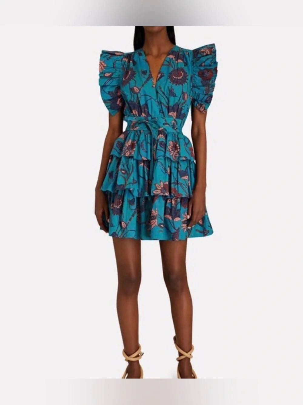 ULLA JOHNSON Sena Ruffled Cotton Mini Dress Laguna Blue Size 6 - Picture 4 of 10
